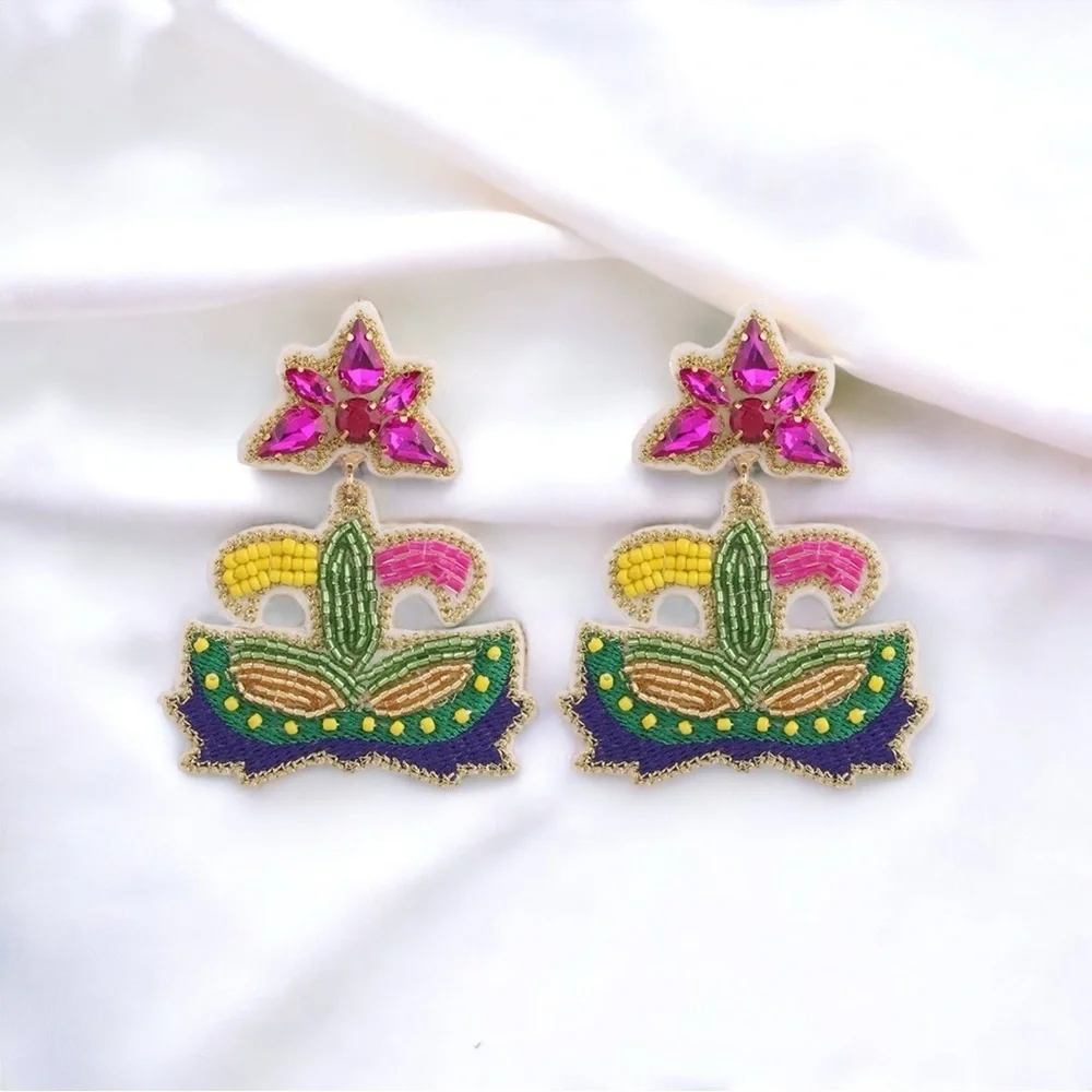 Festive Flair: Beaded Mardi Gras Earrings in Vibrant Purple, Green & Gold!